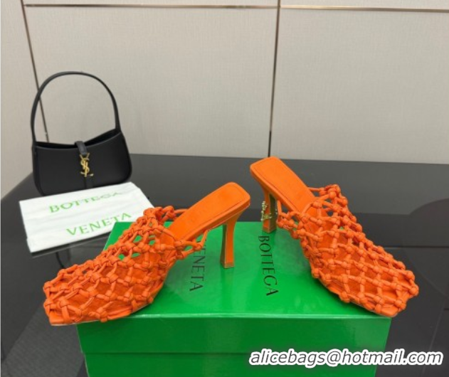 Good Quality Bottega Veneta Riva Heel Mules 9cm in Woven Knotted Leather with Frog Charm Orange 50823003