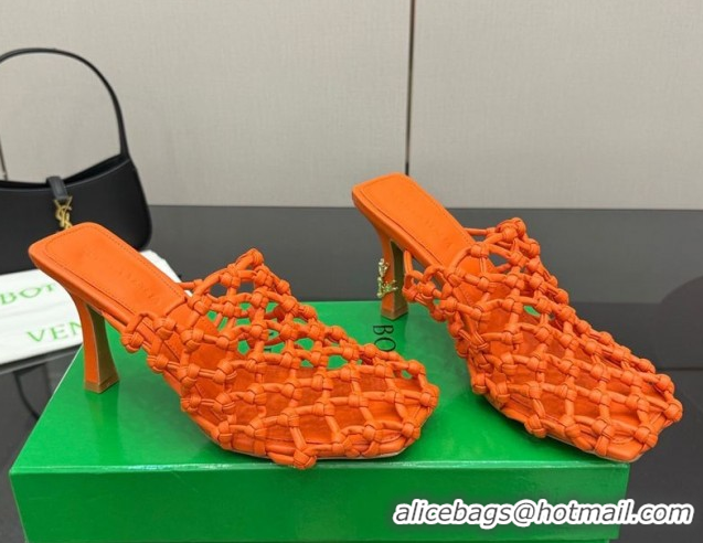 Good Quality Bottega Veneta Riva Heel Mules 9cm in Woven Knotted Leather with Frog Charm Orange 50823003