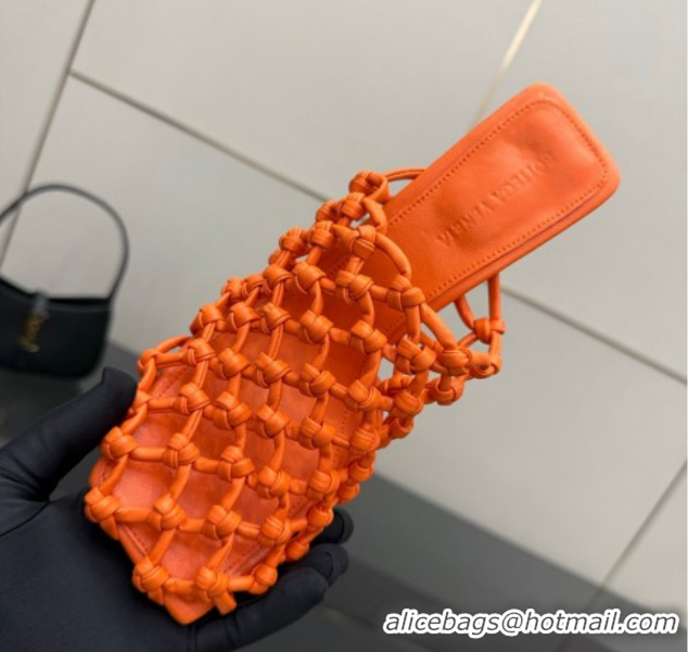 Good Quality Bottega Veneta Riva Heel Mules 9cm in Woven Knotted Leather with Frog Charm Orange 50823003