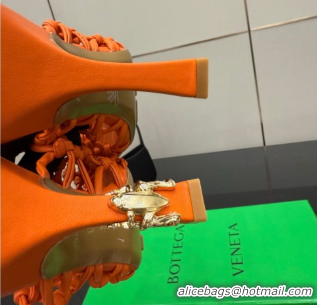 Good Quality Bottega Veneta Riva Heel Mules 9cm in Woven Knotted Leather with Frog Charm Orange 50823003
