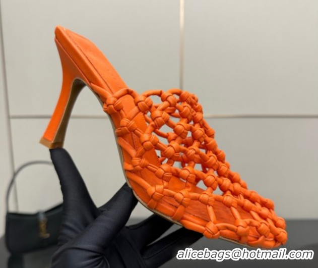 Good Quality Bottega Veneta Riva Heel Mules 9cm in Woven Knotted Leather with Frog Charm Orange 50823003