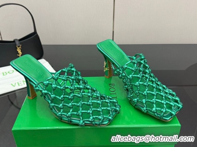 Best Price Bottega Veneta Riva Heel Mules 9cm in Woven Knotted Leather with Frog Charm Green 50823004