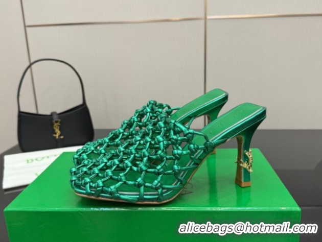 Best Price Bottega Veneta Riva Heel Mules 9cm in Woven Knotted Leather with Frog Charm Green 50823004