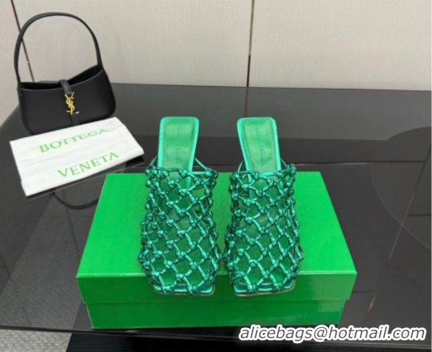 Best Price Bottega Veneta Riva Heel Mules 9cm in Woven Knotted Leather with Frog Charm Green 50823004