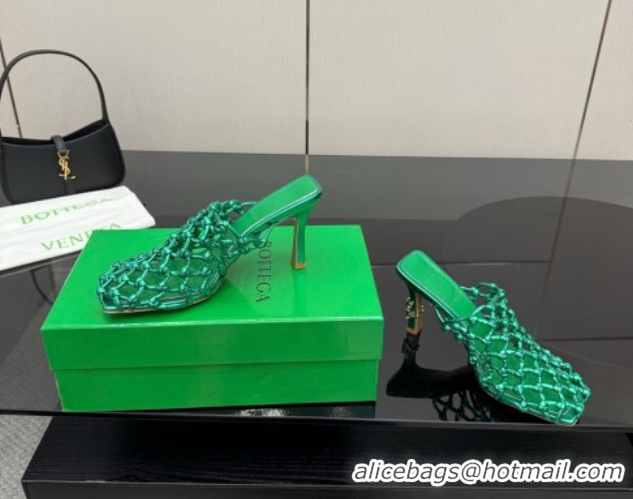 Best Price Bottega Veneta Riva Heel Mules 9cm in Woven Knotted Leather with Frog Charm Green 50823004