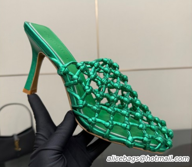 Best Price Bottega Veneta Riva Heel Mules 9cm in Woven Knotted Leather with Frog Charm Green 50823004