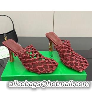 Pretty Style Bottega Veneta Riva Heel Mules 9cm in Woven Knotted Leather with Frog Charm Burgundy 0823005