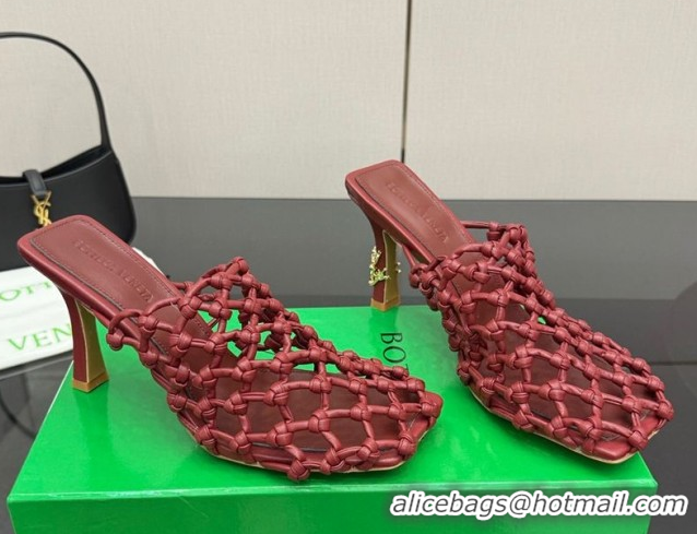 Pretty Style Bottega Veneta Riva Heel Mules 9cm in Woven Knotted Leather with Frog Charm Burgundy 0823005