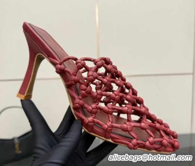 Pretty Style Bottega Veneta Riva Heel Mules 9cm in Woven Knotted Leather with Frog Charm Burgundy 0823005