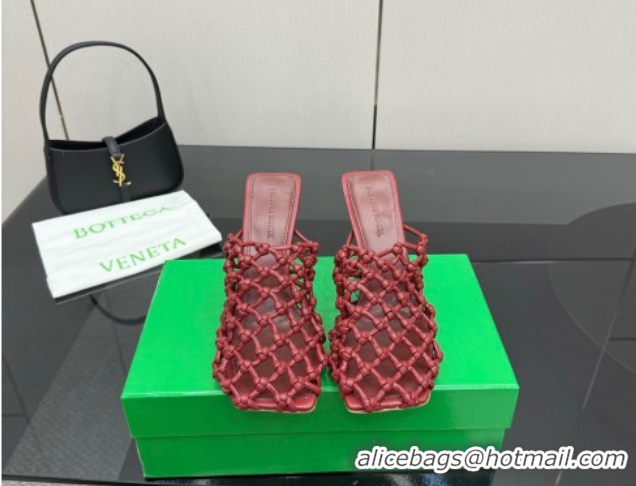 Pretty Style Bottega Veneta Riva Heel Mules 9cm in Woven Knotted Leather with Frog Charm Burgundy 0823005