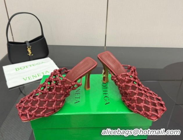 Pretty Style Bottega Veneta Riva Heel Mules 9cm in Woven Knotted Leather with Frog Charm Burgundy 0823005