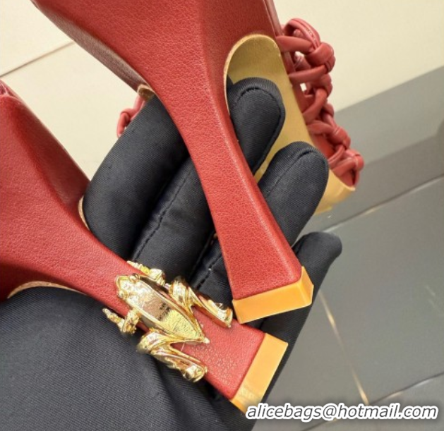 Pretty Style Bottega Veneta Riva Heel Mules 9cm in Woven Knotted Leather with Frog Charm Burgundy 0823005