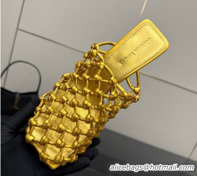 Sumptuous Bottega Veneta Riva Heel Mules 9cm in Woven Knotted Leather with Frog Charm Gold 0823006