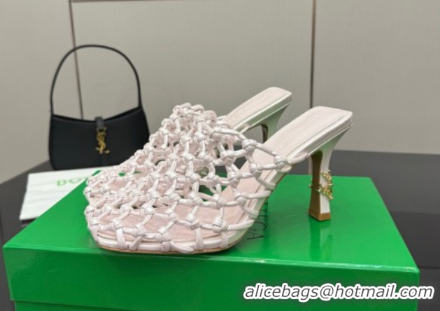 Perfect Bottega Veneta Riva Heel Mules 9cm in Woven Knotted Leather with Frog Charm White 0823007