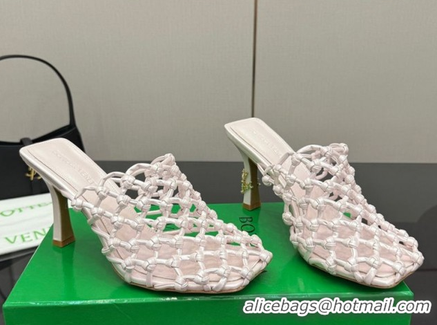 Perfect Bottega Veneta Riva Heel Mules 9cm in Woven Knotted Leather with Frog Charm White 0823007