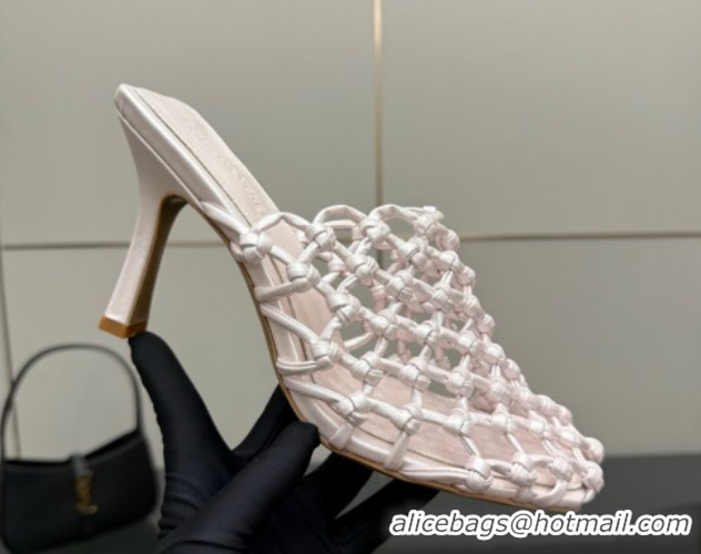 Perfect Bottega Veneta Riva Heel Mules 9cm in Woven Knotted Leather with Frog Charm White 0823007