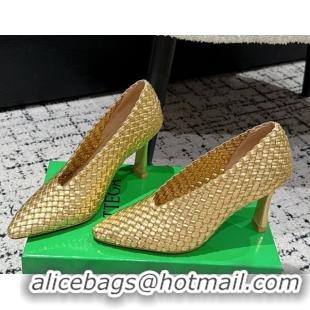 Unique Style Bottega Veneta Sofia Heel Pumps 9cm in Intreccio Leather Gold 50823027