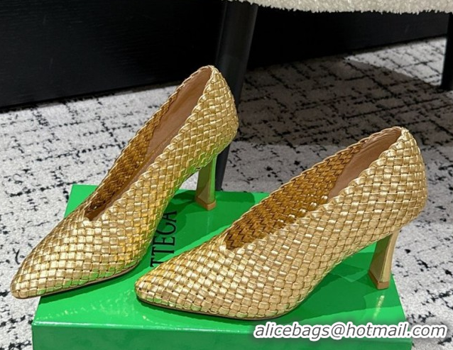 Unique Style Bottega Veneta Sofia Heel Pumps 9cm in Intreccio Leather Gold 50823027