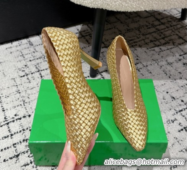 Unique Style Bottega Veneta Sofia Heel Pumps 9cm in Intreccio Leather Gold 50823027