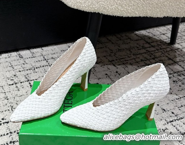 Top Design Bottega Veneta Sofia Heel Pumps 9cm in Intreccio Leather White 50823028