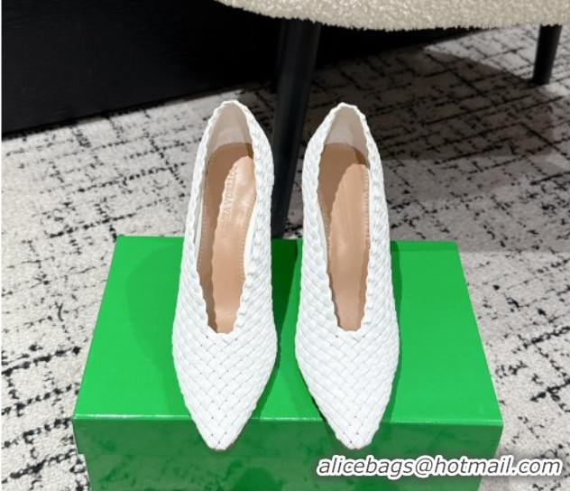 Top Design Bottega Veneta Sofia Heel Pumps 9cm in Intreccio Leather White 50823028