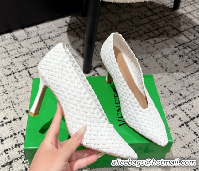 Top Design Bottega Veneta Sofia Heel Pumps 9cm in Intreccio Leather White 50823028
