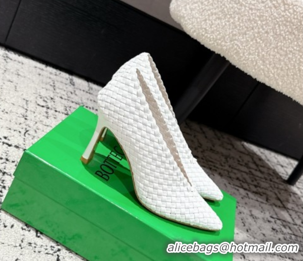 Top Design Bottega Veneta Sofia Heel Pumps 9cm in Intreccio Leather White 50823028