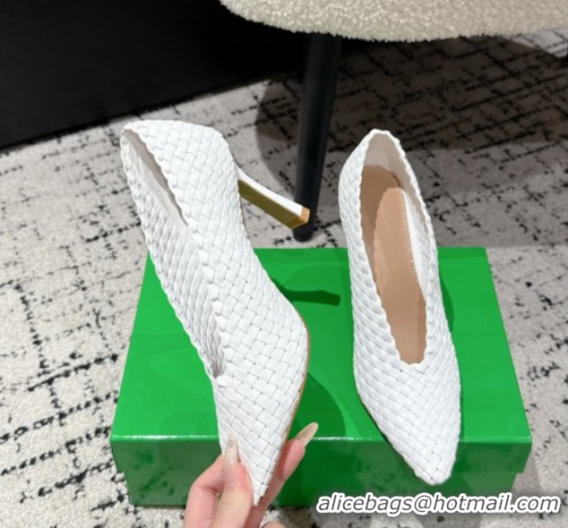 Top Design Bottega Veneta Sofia Heel Pumps 9cm in Intreccio Leather White 50823028