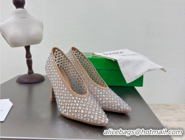 Luxury Bottega Veneta Sofia Heel Pumps 9cm in Mesh and Strass Beige 0823029