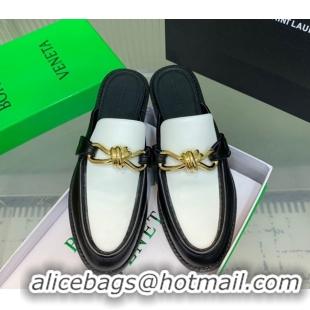 Buy Luxury Bottega Veneta Astaire Flat Mules in Calfskin Leather with Knot Black/White/Gold 0823043