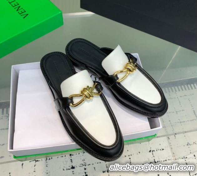 Buy Luxury Bottega Veneta Astaire Flat Mules in Calfskin Leather with Knot Black/White/Gold 0823043