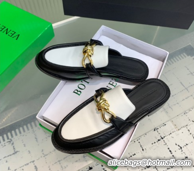 Buy Luxury Bottega Veneta Astaire Flat Mules in Calfskin Leather with Knot Black/White/Gold 0823043