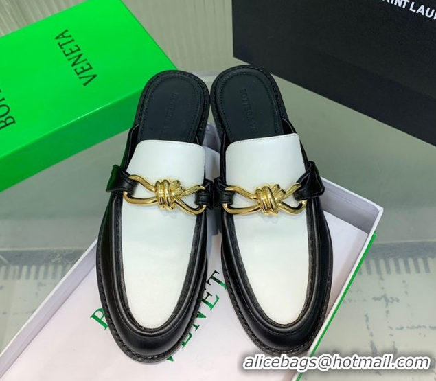 Buy Luxury Bottega Veneta Astaire Flat Mules in Calfskin Leather with Knot Black/White/Gold 0823043