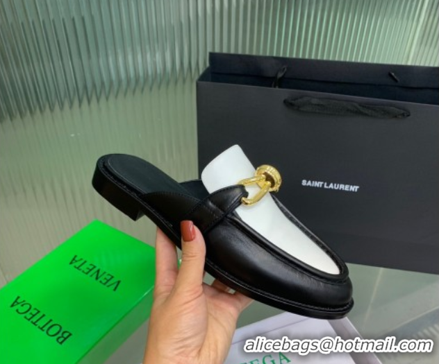 Buy Luxury Bottega Veneta Astaire Flat Mules in Calfskin Leather with Knot Black/White/Gold 0823043
