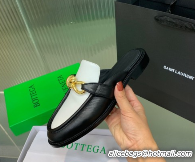 Buy Luxury Bottega Veneta Astaire Flat Mules in Calfskin Leather with Knot Black/White/Gold 0823043