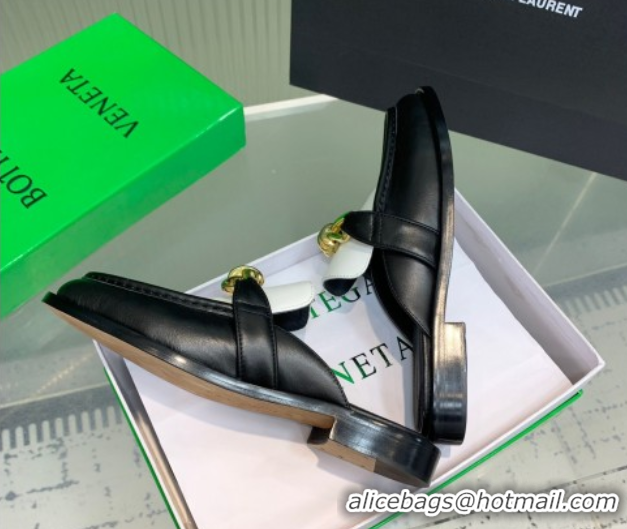 Buy Luxury Bottega Veneta Astaire Flat Mules in Calfskin Leather with Knot Black/White/Gold 0823043
