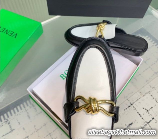 Buy Luxury Bottega Veneta Astaire Flat Mules in Calfskin Leather with Knot Black/White/Gold 0823043