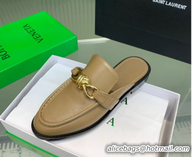 Good Quality Bottega Veneta Astaire Flat Mules in Calfskin Leather with Knot Beige/Gold 0823045