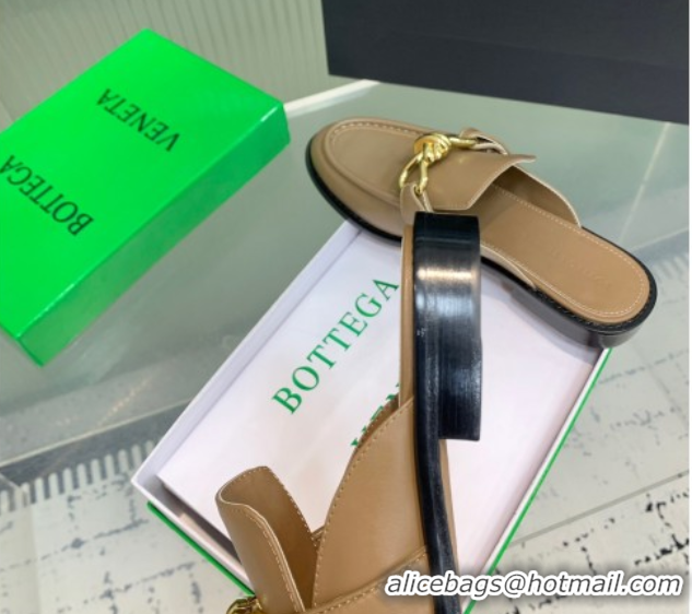 Good Quality Bottega Veneta Astaire Flat Mules in Calfskin Leather with Knot Beige/Gold 0823045