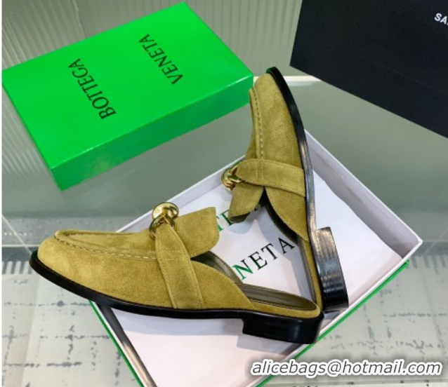Top Design Bottega Veneta Astaire Flat Mules in Suede with Knot Green/Gold 0823046