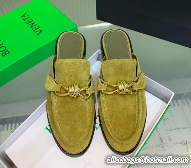 Top Design Bottega Veneta Astaire Flat Mules in Suede with Knot Green/Gold 0823046