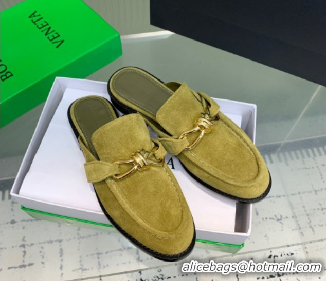 Top Design Bottega Veneta Astaire Flat Mules in Suede with Knot Green/Gold 0823046