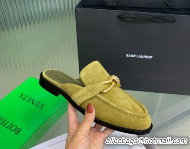 Top Design Bottega Veneta Astaire Flat Mules in Suede with Knot Green/Gold 0823046