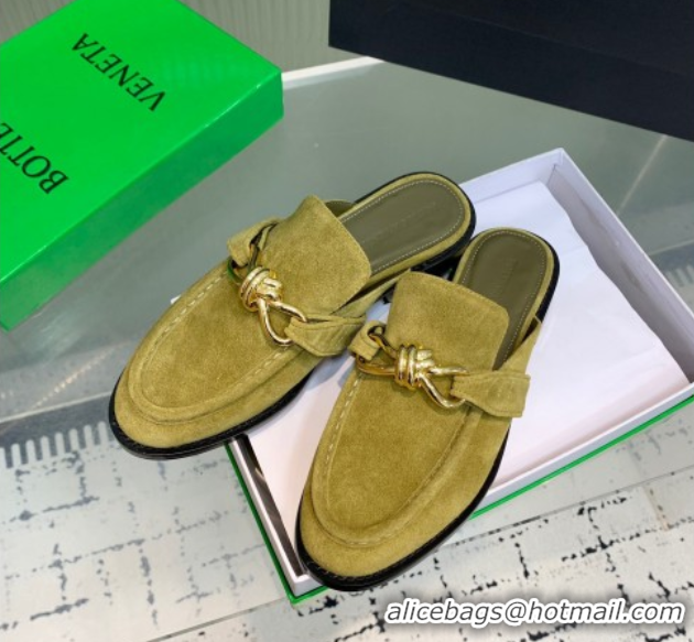 Top Design Bottega Veneta Astaire Flat Mules in Suede with Knot Green/Gold 0823046