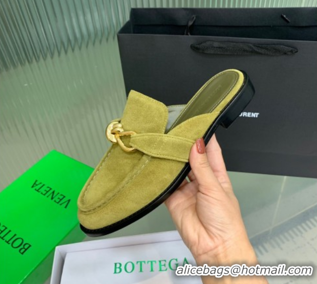 Top Design Bottega Veneta Astaire Flat Mules in Suede with Knot Green/Gold 0823046