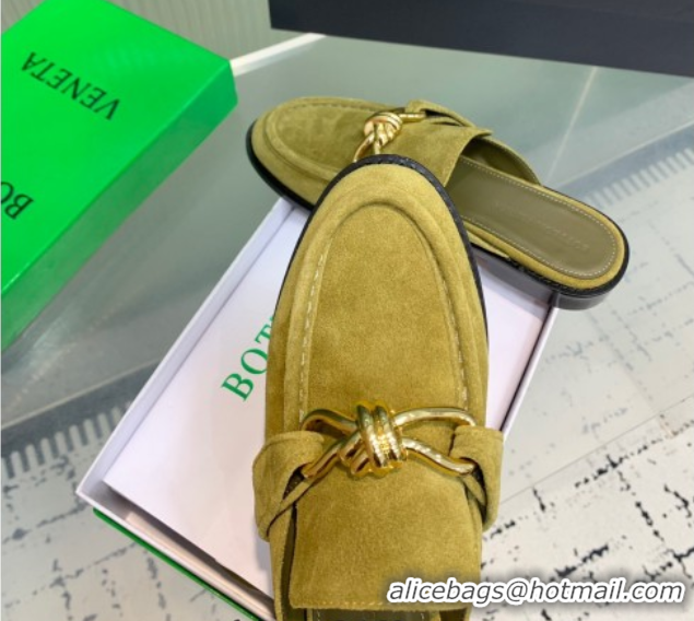 Top Design Bottega Veneta Astaire Flat Mules in Suede with Knot Green/Gold 0823046