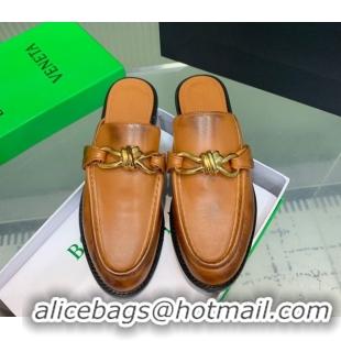 Grade Bottega Veneta Astaire Flat Mules in Faded Calfskin with Knot Brown/Gold 0823047