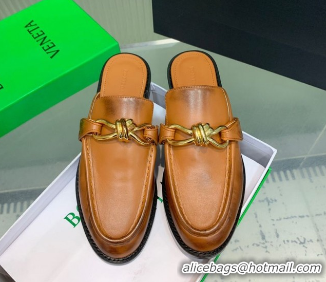 Grade Bottega Veneta Astaire Flat Mules in Faded Calfskin with Knot Brown/Gold 0823047