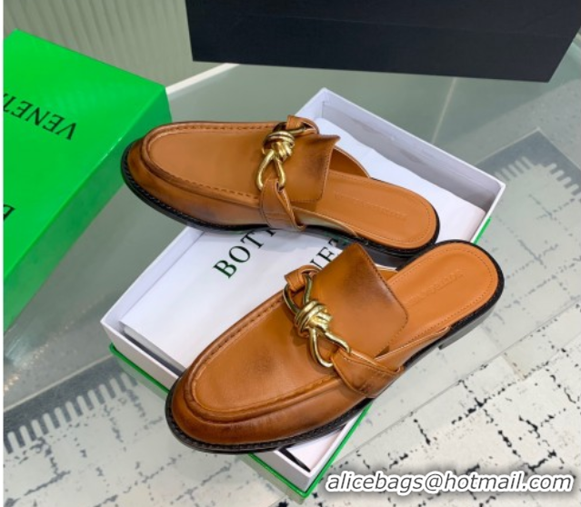 Grade Bottega Veneta Astaire Flat Mules in Faded Calfskin with Knot Brown/Gold 0823047