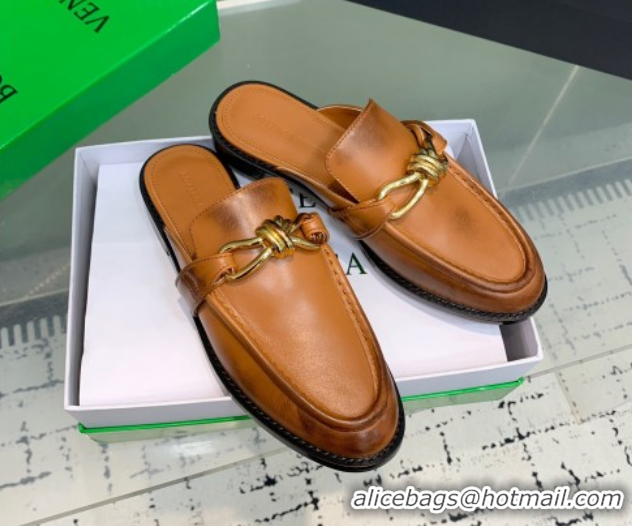 Grade Bottega Veneta Astaire Flat Mules in Faded Calfskin with Knot Brown/Gold 0823047